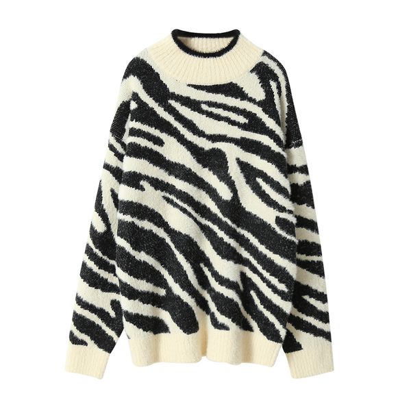 

new 2021 female spring the-neck leopard shirt print loose style crochet casual sweater long pullovers pull femme x3i5, White;black