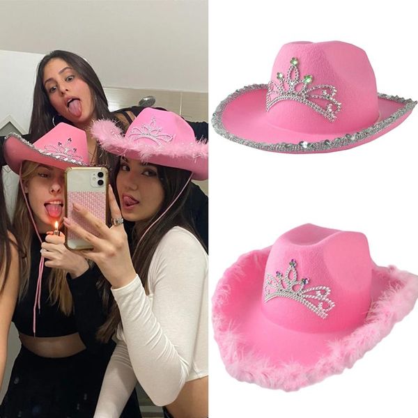 Cappelli a tesa larga 2022 cappello da cowboy rosa stile occidentale cappello da cowgirl tiara per festa in costume di compleanno per ragazza da donna