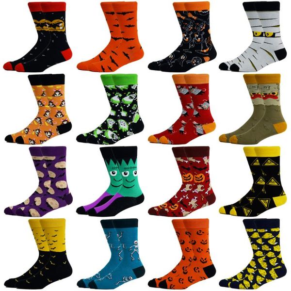 

men's socks autumn winter style kawaii harajuku halloween men woman cotton skeleton alien pumpkin crew monster bats, Black