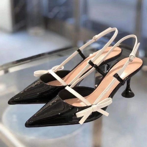 

sandals cute kitten heel women pointed toe bow tie embellished leather buckle strap slingbacks business dress shoes 2021, Black