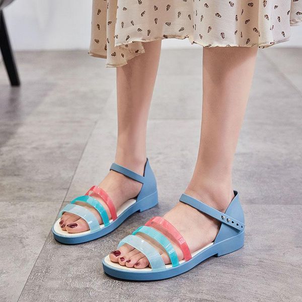 

sandals 2021 fashion candy color women's flat summer lightweigh soft rainbow jelly shoes women beach peep toe woman, Black
