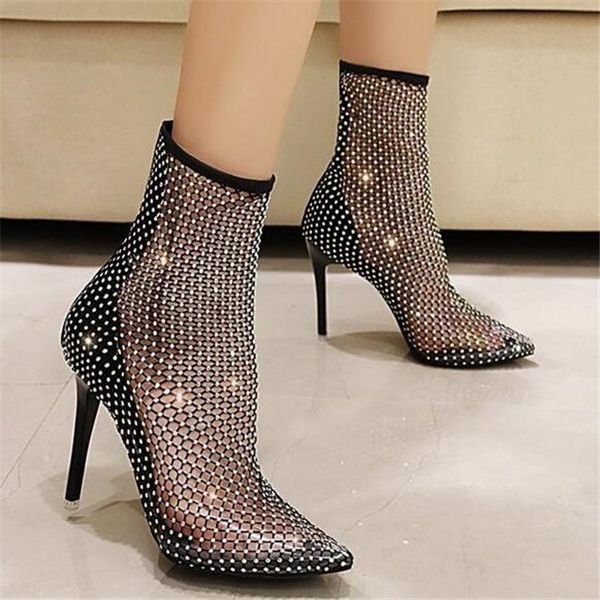 

rhinestone mesh summer women ankle boots pointed toe stiletto high heels female crystal mesh shoes sandals plus size 34-42, Black