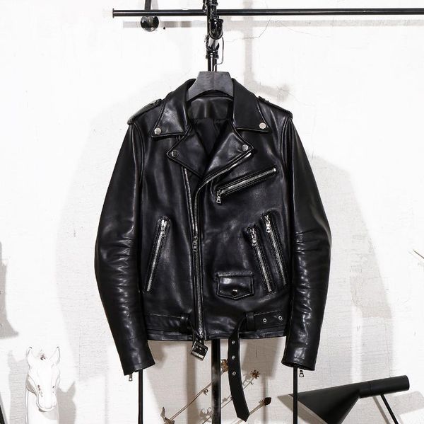 

men's leather & faux italian water dyeing with polish horsehide machetes sleeve zipper motorcycle jacket, Black