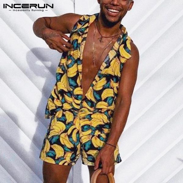 

men's tracksuits incerun summer men hawaiian sets printing sleeveless button shirt breathable streetwear casual shorts beach vacation s, Gray