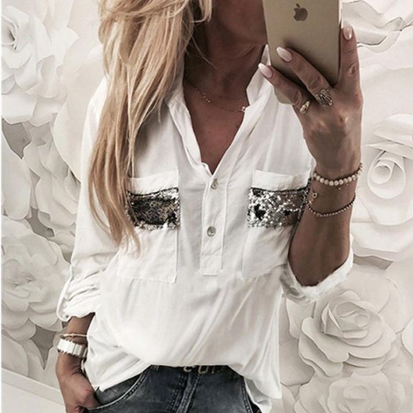 

women v-neck sequins blouse shirt spring summer elegant office lady blouses plus size s-xl blusa feminina w3, White