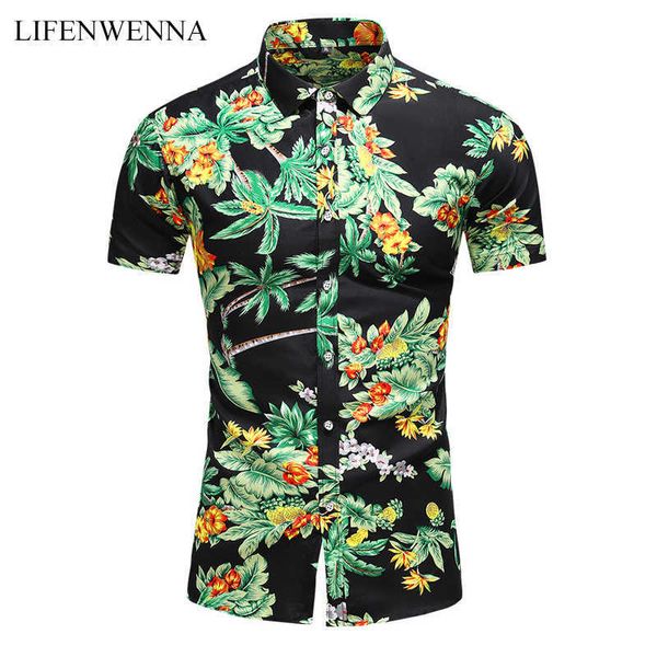 

45kg-120kg summer fashion men's standard-fit short sleeve shirt tropical coconut tree printed hawaiian shirts 5xl 6xl 7xl 210528, White;black