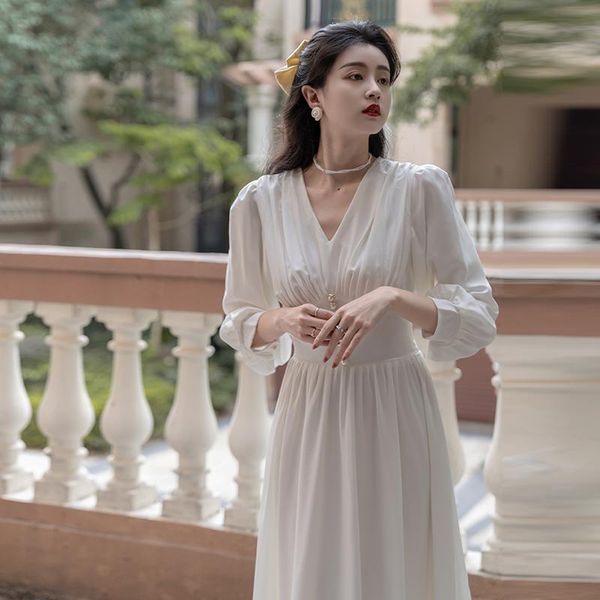 

casual dresses fashion autumn women elegant white v neck retro party french long sleeve waisted a line vintage office midi dress, Black;gray