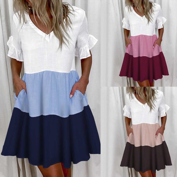 

summer mini v neck womens dresses short sleeve color block splicing pleated ruffles beach elegant casual loose, Black;gray