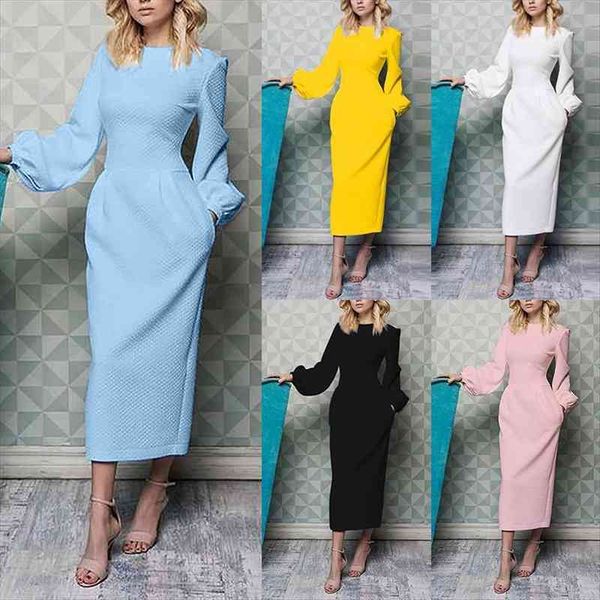 

office formal casual autumn clothing women dresses hit long sleeve elegant gowns round neck solid white black pink, Black;gray