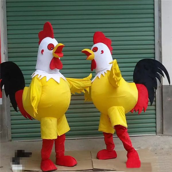 Costume da mascotte di pollo giallo nero rosso bianco Costumi di fantasia natalizia Vestito da festa Personaggio dei cartoni animati Vestito completo per adulti Taglia Carnevale Pasqua Abbigliamento a tema pubblicitario