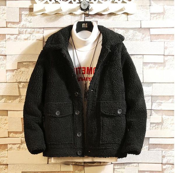 

2021 new men's solid color loose lamb wool coat casual warm fashionable cardigan clothes, Black;brown