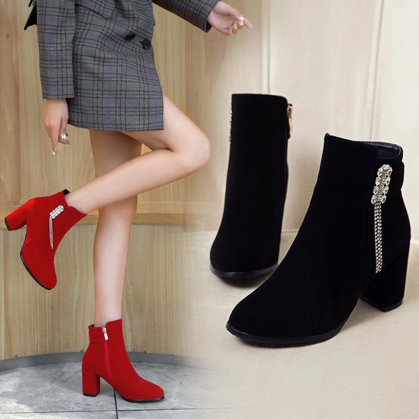 

boots fashion women ankle casual suede high heels winter shoes round toe rubber rhinestone tassel, Black