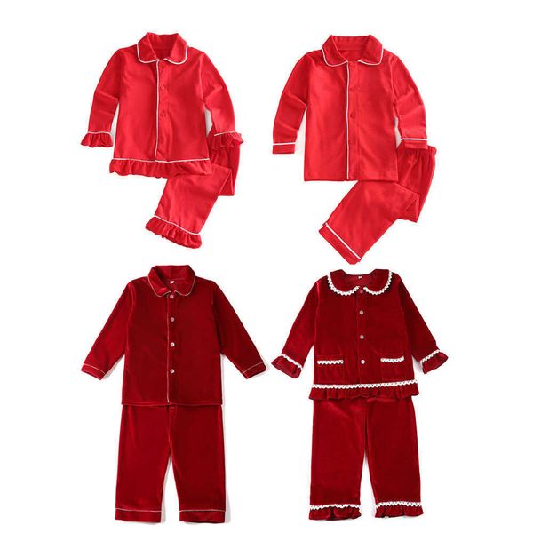 Crianças veludo sleepwear botão para baixo irmão jogo meninos e meninas pijama conjunto vermelho luxo natal pjs 210908