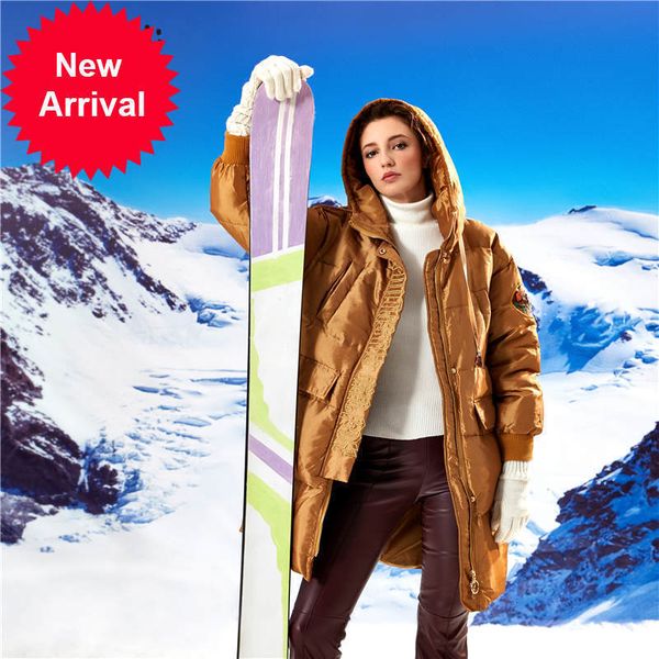 

elfsack yellow solid satin fox applique straight warmness coats women 2021 winter zipper embroidery korean female basic outwears, Black