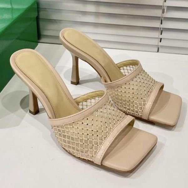 

slippers mesh rhinestone thin heels zapatos de mujer square head shoes women summer outside female solid ladies, Black