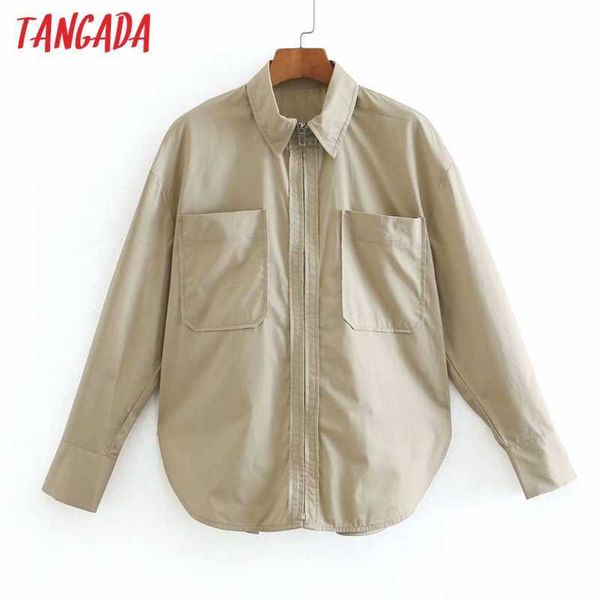 

tangada women retro oversized cotton blouse shirt zipper long sleeve chic female shirt xn190 210609, White
