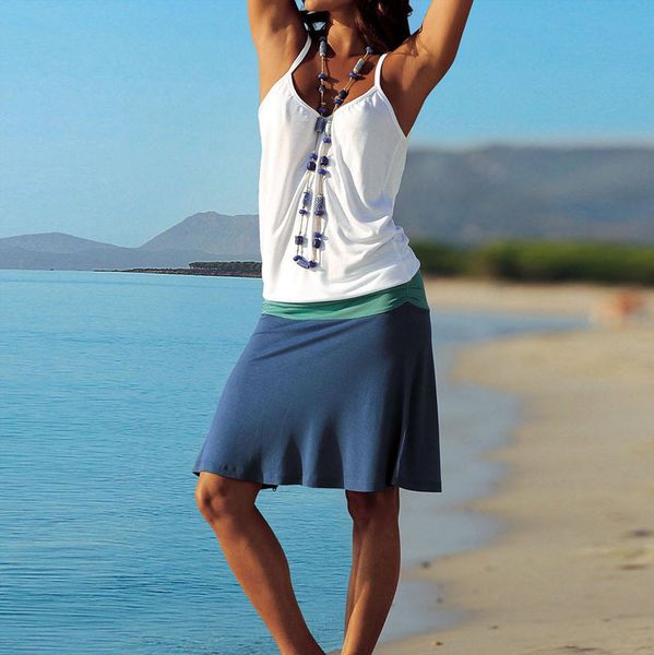 

beach bohemian sleeveless v neck women dress patchwork party fashion g4, Black;gray