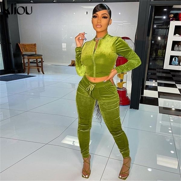 

kliou simple solid two piece set women fashion biker zipper long sleeve sporty sheath slim active female casualwear 220315, White