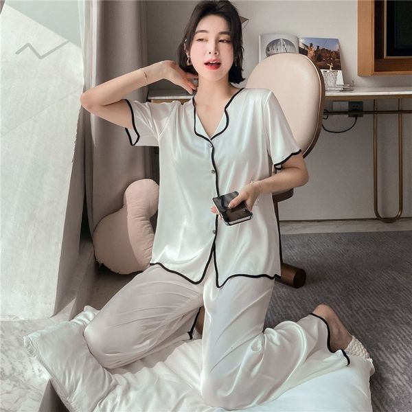 

women's sleepwear lapel pajamas suit female faux silk 2pcs sleep set short sleeve pyjamas pour femme ruffle home service casu, Black;red