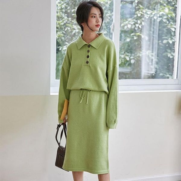 

oversized 2 piece sets women's outfits solid collar loose knitted straight knee-length skirts suits autumn winter, Gray