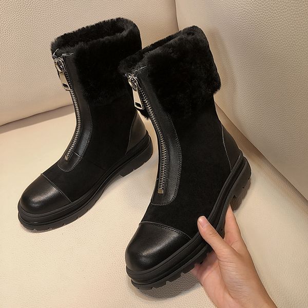 

women ankle boots cowhide upper shoes winter ladies boots zipper short boots snow platform 2021 winter women, Black