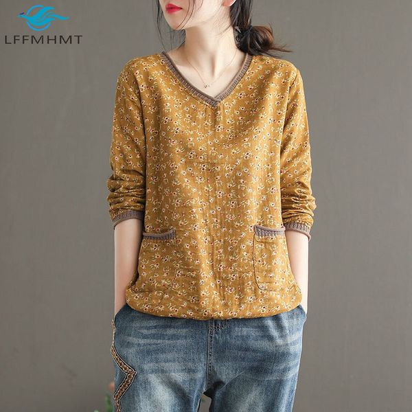 

2021 new floral print vintage long sleeve japan style cotton linen t-shirt office lady retro double pockets casual hgbb, White
