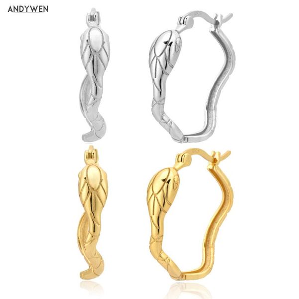 

hoop & huggie andywen 925 sterling silver gold 20mm snake hoops women plain rock punk luxury piercing fashion pendiente jewelry gift, Golden;silver