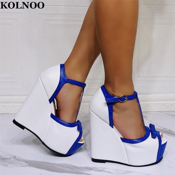 

sandals kolnoo handmade womens wedges heels blue t-strap peep-toe butterfly-knot patchwork large size fashion evening club shoes, Black