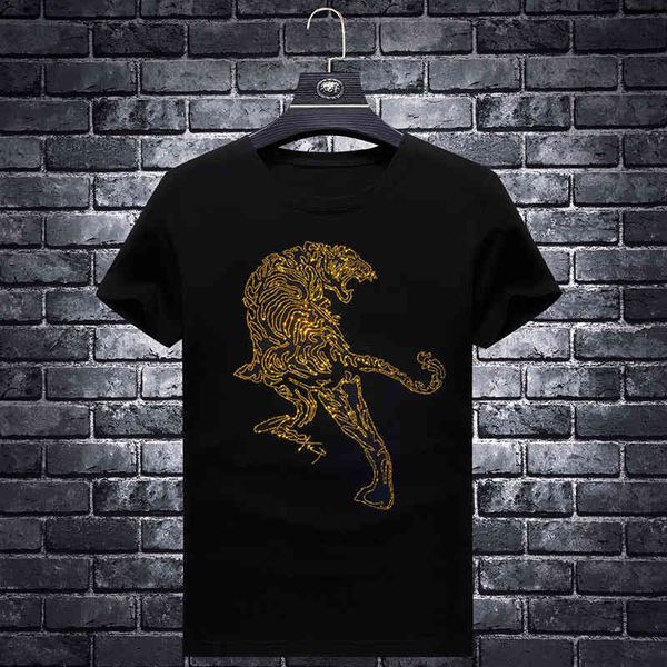 

fashion t shirt brand short sleeve summer personality trend slim tiger drill crew neck heavy craft, White;black