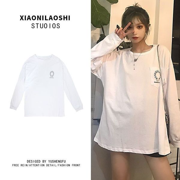 

white base coat women's autumn 2020 new long sleeve korean loose foreign style black round neck t-shirt