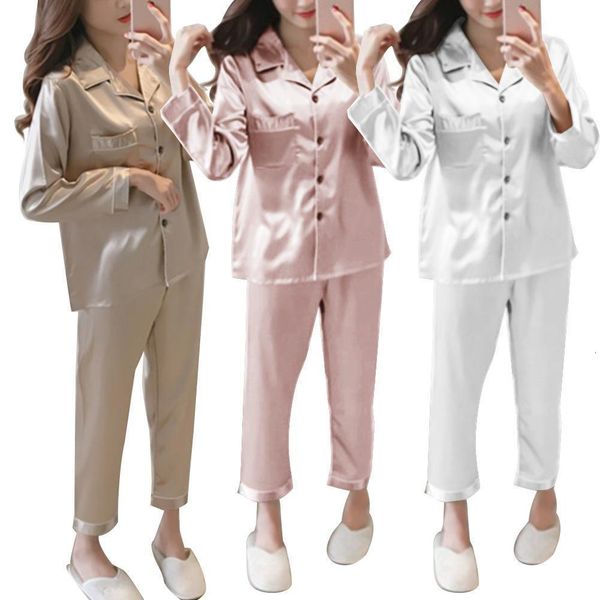 

2pcs autumn pajamas set women solid color imitation silk homewear long sleeve shirt pants nightwear sleepwear women pajamas set, Black;red