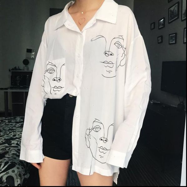 

womens clothing spring autumn women blouse face print casual loose long sleeve shirt vintage, White