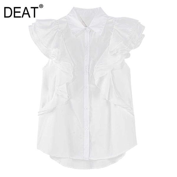 

[deat] summer fashion thin single-breasted solid color ruffles sleeveless temperament women shirt 13q325 210527, White