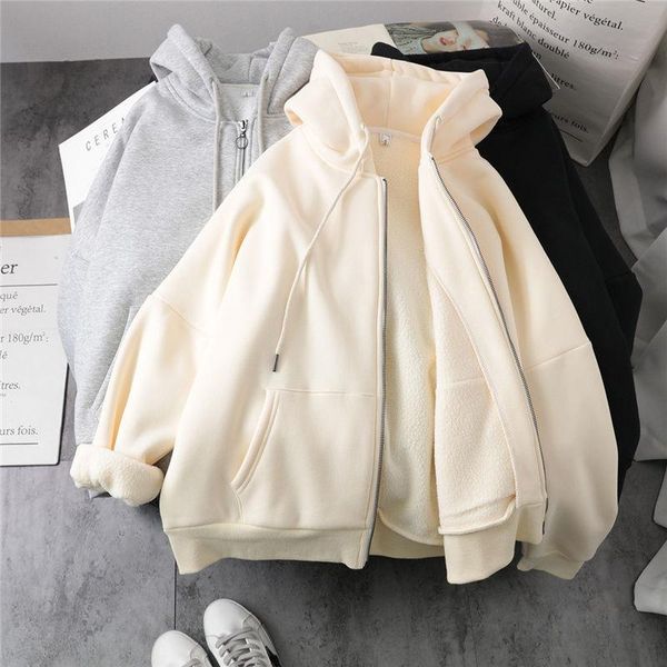 

women's hoodies & sweatshirts lazy plush and thick zip-up autumn winter fashion women sweatshirt hoodie coat korean soild color long sl, Black