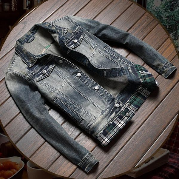 

men's jackets fashionable european and american slim jeans jacket personality stitching embroidery casual, Black;brown
