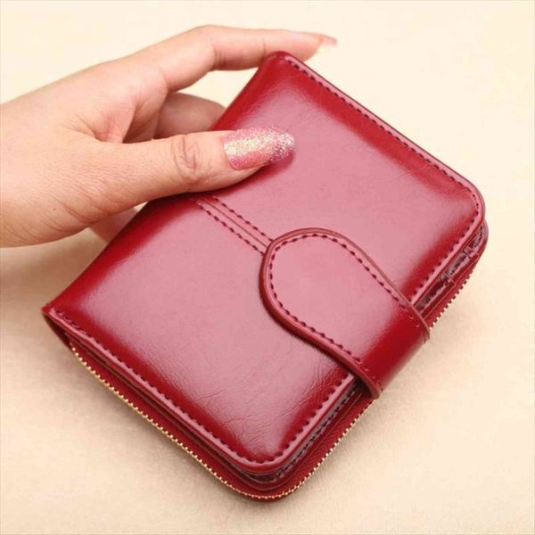

wallet short pu womens purse zipper button red small coin pocket, Red;black