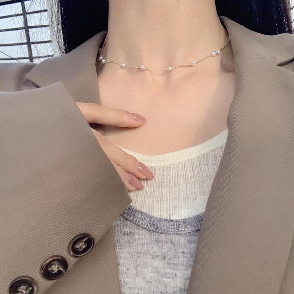 

chains simple pearl necklace beautiful niche online red ins style collarbone, Silver