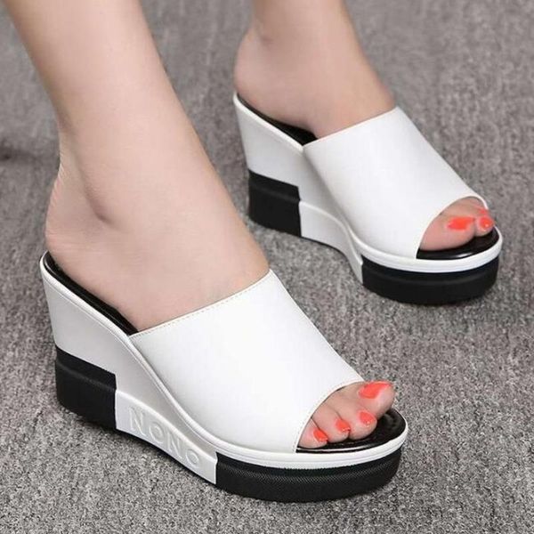 

slippers flip flops women shoes 2021 summer fashion open toe wedges heels sandals platform ladies plus size 35-40, Black