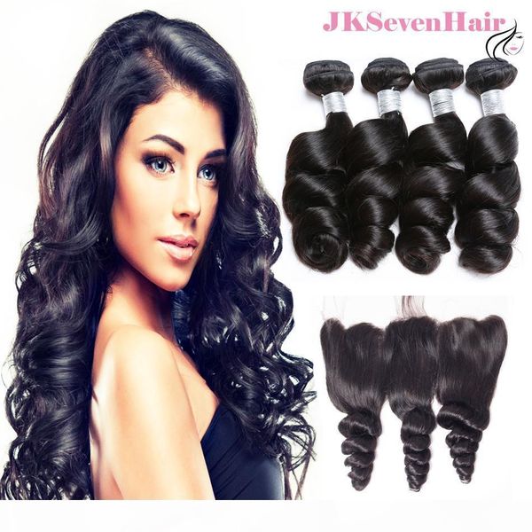 

10a grade loose wave brazilian virgin human hair bundles 4pcs with 13x4inch lace frontal cambodian malaysian peruvian hair weaves, Black