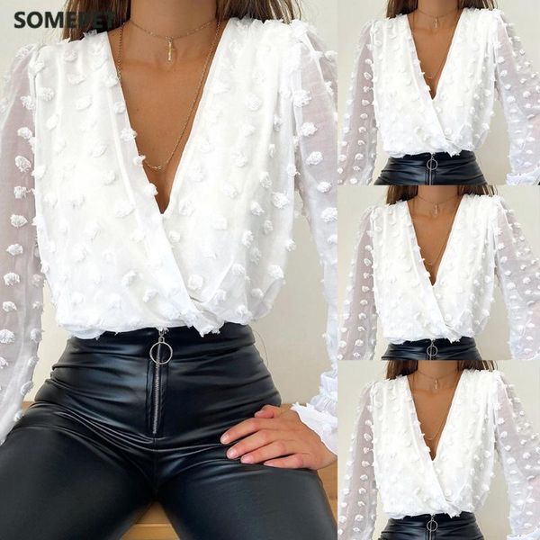 

women deep v neck white jacquard fashion shirt female long sleeve chic shirt polka dot solid color mesh blouses