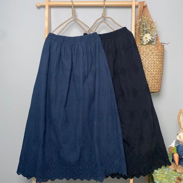 

skirts japan style mori girl fresh hollow out skirt 2021 spring summer solid color embroidery a-line cotton women, Black