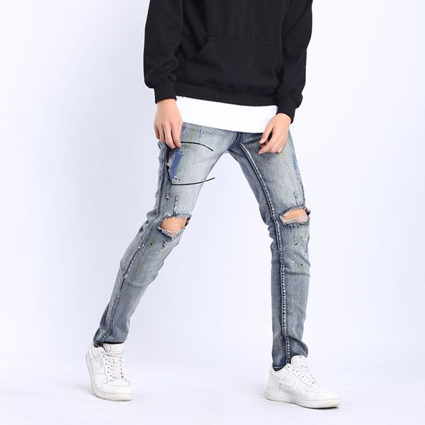 

winter-style gray shredded denim brem pants hip men streetwear baggy jeans kanye west 7tt7, Blue