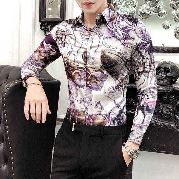 

2021 british style male shirt fashions long sleeve printing thin casual shirts dressed as man streetwear men's social clothes co3y, White;black