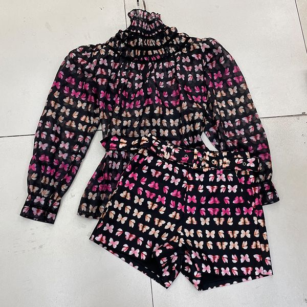 

2021 New Spring Arrival Long Puff Turtleneck High Floral Printing Blouse Shorts Two Female Ensemble Clothing Ufob, Gray