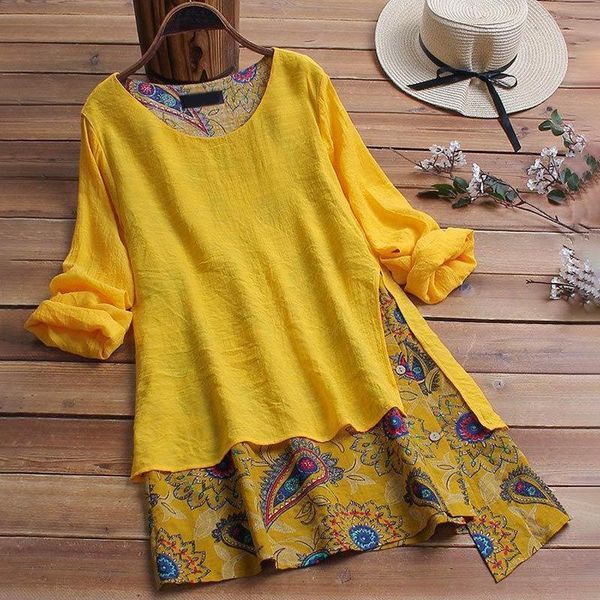 

plus size womens tunic vintage blouse patchwork long sleeve irregular floral print cap sleeve shirt women 2021 loose ladies blouses, White