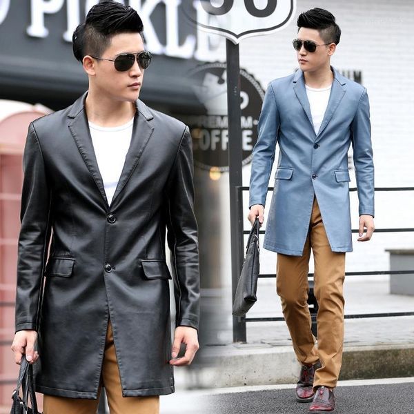 

men's fur & faux m- 5xl 2021 the leather young male long cultivate one's morality fashion suit collar and trench coat, Black