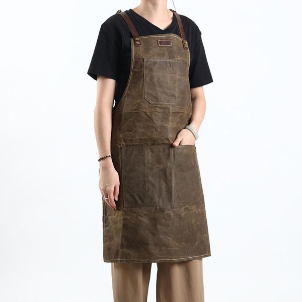 

durable work shop tool apron heavy duty waxed canvas aprons waterproof adjustable cross-back straps with tool pockets unisex