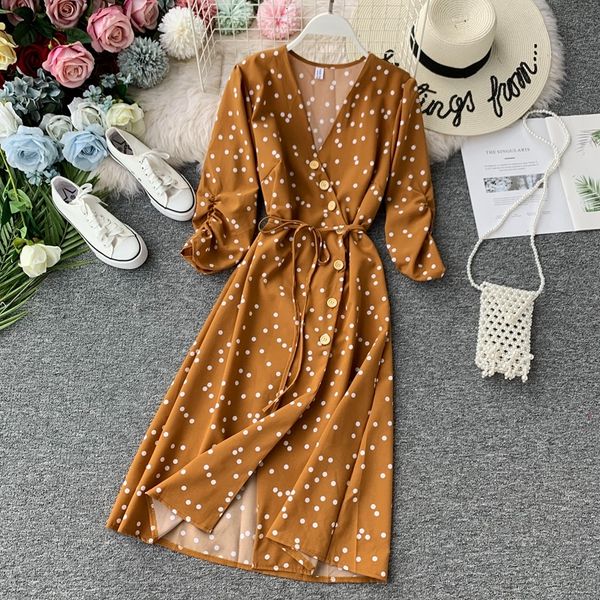 

2021 spring autumn women beach fashion v neck 3/4 sleeve bandage dot printed long robe elegant ladies causal clothes gdof, Black;gray
