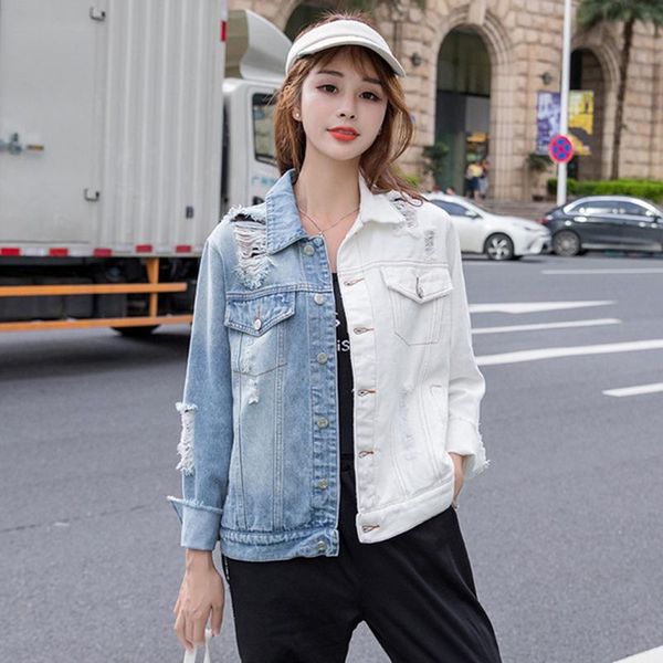 

women's jackets plus size denim 2021 women autumn white blue patchwork wash long sleeve vintage casual jean jacket bomber coat, Black;brown