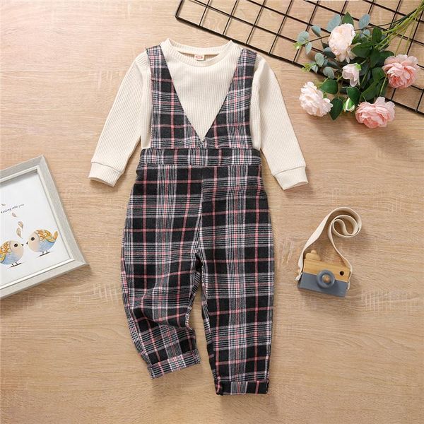 

clothing sets 2pcs toddler fashion outfit, solid color long sleeve t-shirt + plaid v-neck suspenders pants for girls, 18months-6years, White